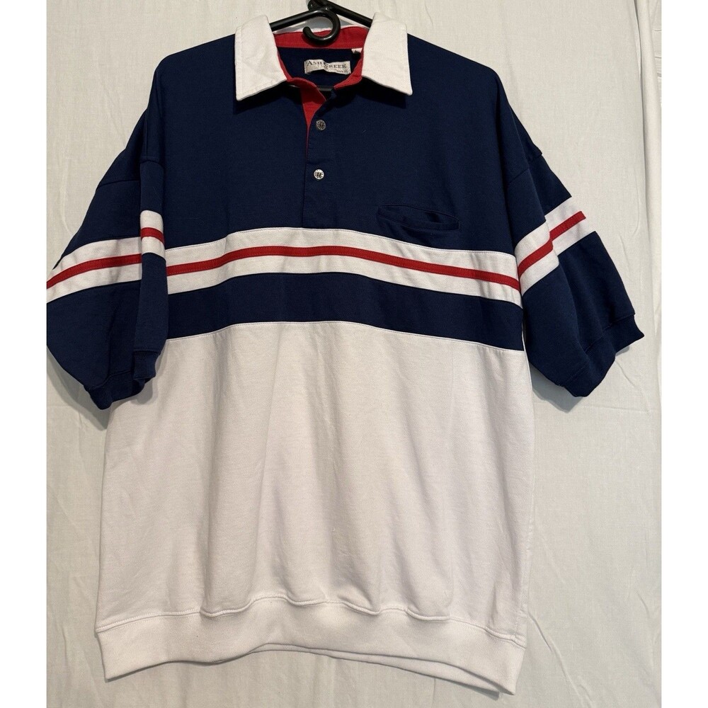 Ash Creek Men’s Blue White Red Striped Polo Shirt XL Short Sleeve Pocket